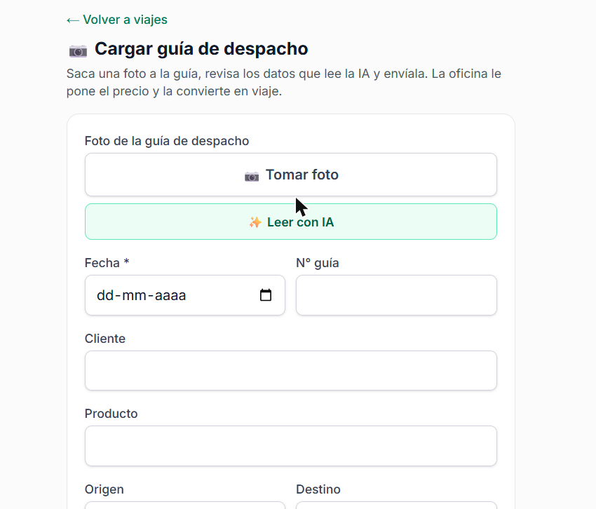 Pantalla para cargar una guía de despacho: botón de tomar foto y lectura con IA
